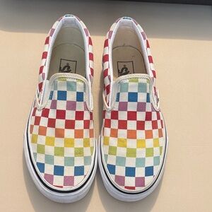 Vans Classic Slip On Checkerboard Rainbow White Men's 5.5/Women’s 7
